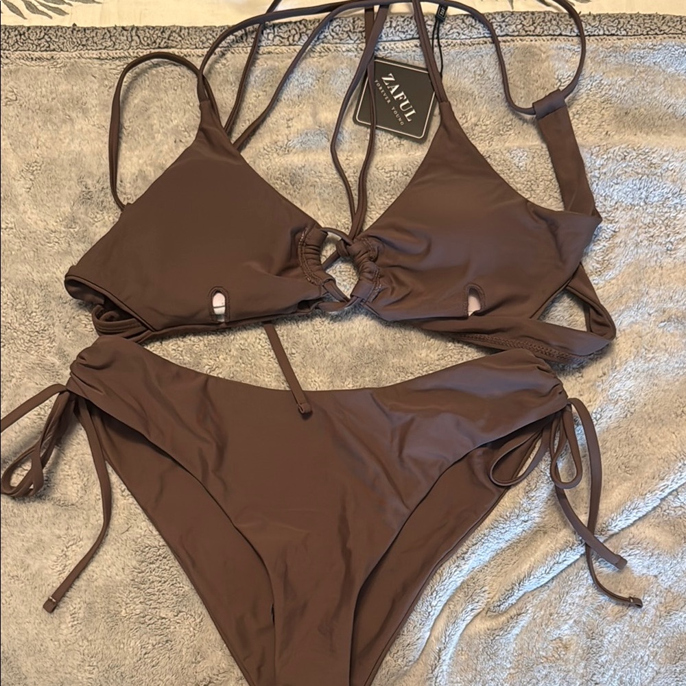 Zaful Brown String Tie Bikini Set